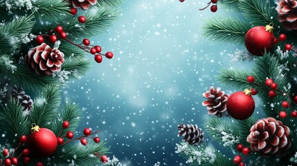 Festive Winter Wonderland with Snow-Covered Pine Branches and Red Ornaments