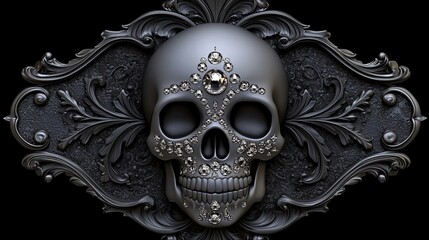 Fototapeta premium A black and white skull adorned with sparkling jewels sits in a ornate frame.