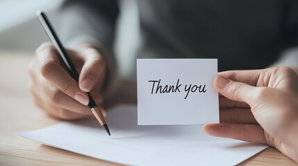 Person writing a thank you note on a desk with a pencil and card.