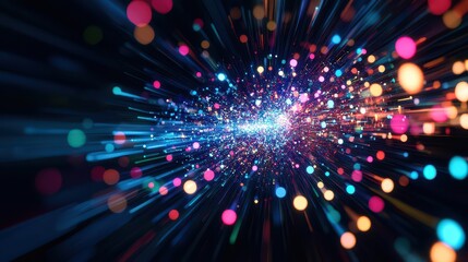 Vibrant light rays and colorful particles creating an abstract dynamic background.