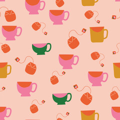 Seamless pattern with tea cups, mugs and tea bags on Pink background. Hand drawn cartoon-dishes. Tea Party Vector illustration. Perfect for fabric, wallpaper and children's projects.