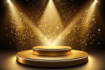 Gold background podium award stage light golden win 3D platform. Background luxury gold podium winner ceremony spotlight star abstract shine prize champion design victory show product template studio