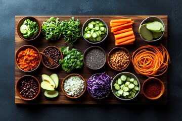 A weekly meal planning board, with healthy recipes and ingredients listed for each day, designed to help organize a nutritious eating plan.