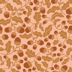 Autumn vector Acorn and leave seamless pattern. Cosy,Fall, brown, earthy colour and Texture. Suitable for fabric, scrapbooking, wallpaper and children project. 