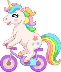 Cute cartoon unicorn on bicycle. Vector illustration