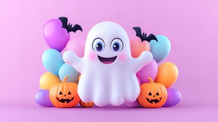 A friendly ghost smiles surrounded by colorful balloons and pumpkins, a playful take on Halloween decor.