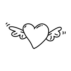 hand drawn cute heart with wings, flying heart