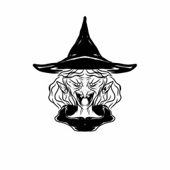Vector illustration of the scary face of a witch figure. Hand drawn character