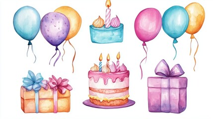 Colorful birthday party decorations featuring balloons, cakes, and gifts on a festive background