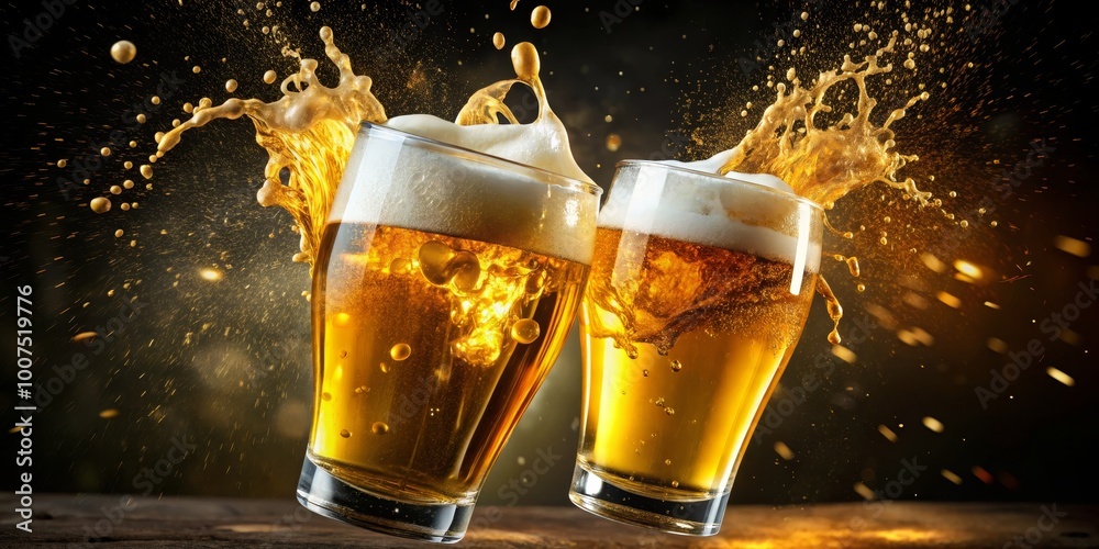 Wall mural golden beer splash - two glasses, foamy, frothy, celebration, beer, drink, liquid