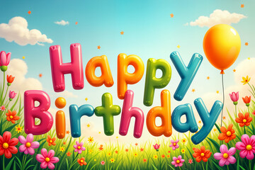 Greeting card. Colorful and cheerful birthday greeting with the words Happy Birthday written in large, playful letters, surrounded by various flowers and a balloon.
