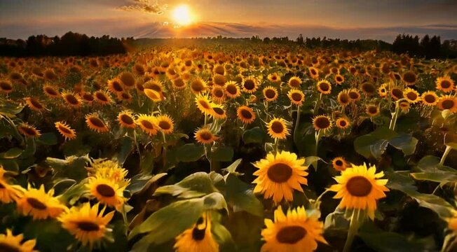 campo de girass&oacute;is no por do sol