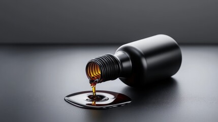 Black Bottle with Liquid Spilling on Dark Surface