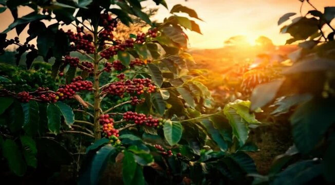 pe de cafe maduro no por do sol 