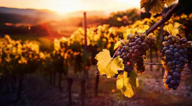 Videiras, Uvas, P&ocirc;r do sol, Campo, Agricultura, Vinhedo, Natureza, Luz dourada, Cacho de uvas, Folhas verdes, Paisagem rural, Ver&atilde;o, Cores vibrantes, Colheita, Frutos, Ambiente tranquilo, C&eacute;u colorido