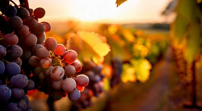 Videiras, Uvas, P&ocirc;r do sol, Campo, Agricultura, Vinhedo, Natureza, Luz dourada, Cacho de uvas, Folhas verdes, Paisagem rural, Ver&atilde;o, Cores vibrantes, Colheita, Frutos, Ambiente tranquilo, C&eacute;u colorido