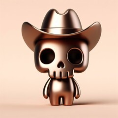 a cute and hip bronze or sliver shinny metallic  skull wearing a cowboy hat