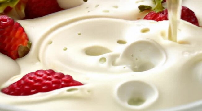 morangos caindo no leite