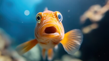 An orange fish with wide eyes and an open mouth swims in the ocean, presenting a vivid display of surprise and curiosity in its aquatic world.