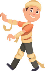 Happy kid in mummy costume. Kid halloween party