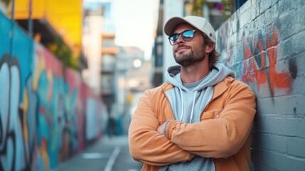 Fototapeta premium A man wearing a cap and sunglasses leans confidently against a graffiti-covered wall, embracing the vibrant and energetic spirit of urban street art culture.