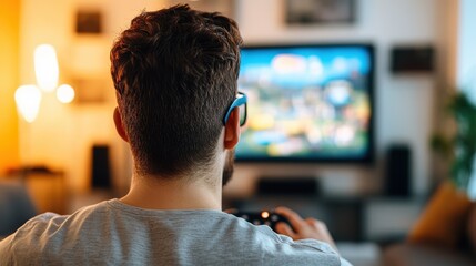 A man, seated from behind, plays a video game on a large TV screen, surrounded by comfortable home setup, capturing the essence of immersive virtual experiences.