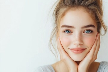 Fototapeta premium A young woman with a bright smile on a clean white background. Ideal for beauty, wellness, and positive emotions themes.