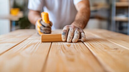 A craftsman skillfully smooths wood with a bright orange tool, emphasizing dedication, precision, and artistic skill in a focused woodworking environment.