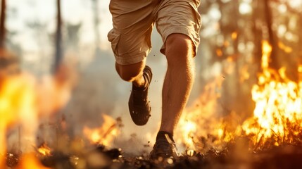 A dynamic image captures a runner sprinting away from a forest engulfed in flames, embodying courage, urgency, and survival instincts amid a fiery backdrop.