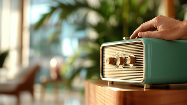 A hand adjusts the dial on a vintage-style radio with a teal color, set against a backdrop of green plants and a cozy, warmly lit room interior.