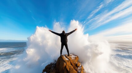 A silhouette of a person standing on a rock with arms wide open, embracing a dynamic ocean wave crashing under a clear blue sky, symbolizing freedom and adventure.