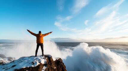 Standing confidently on a rocky coastline, a man in a bright jacket embraces the wildness of waves crashing dramatically around him in a mesmerizing scene.