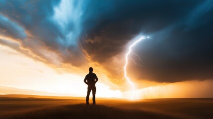 A person stands before a landscape observing a dramatic lightning bolt splitting a vibrant sky at sunset, representing awe and the power of nature&rsquo;s forces.