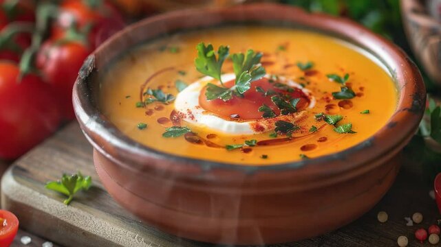 Salmorejo on the table moves with smoke around