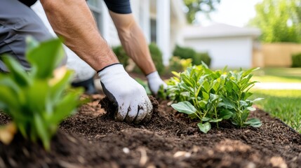 Close-up of gloved hands arranging soil around young plants in a garden, representing the care and effort in cultivating a lush and thriving plant habitat.