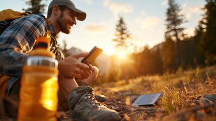 A hiker sits with a smartphone, utilizing navigation tools amidst a picturesque landscape at sunset, portraying connection with nature and technology integration.