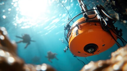 A close view of an underwater camera with divers swimming in the background, capturing the essence of marine exploration and technological advancement.
