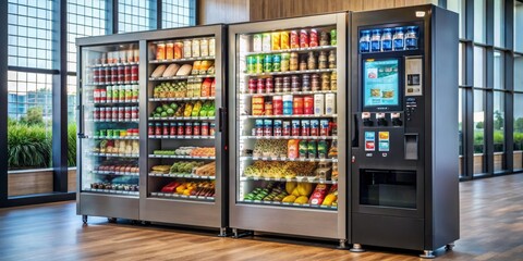 Modern Vending Machine with Glass Doors and Touch Screen Display, Food, Drink, Vending machine, Technology