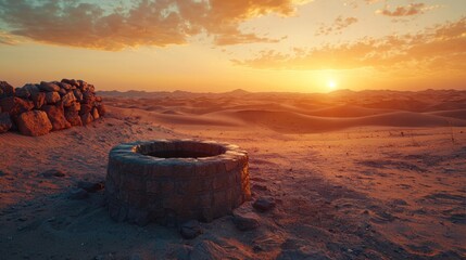 Old stone well in a desert landscape during a beautiful sunset