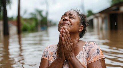 Fototapeta na wymiar A woman clasping her hands in prayer stands waist-deep in water, facing a severe flood with a hopeful look, showcasing compassion, faith, and strength.