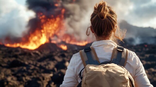 A lone adventurer stands in front of a dramatic volcanic eruption, showcasing the raw power and intensity of nature in a vivid landscape filled with fiery lava. - Powered by Adobe