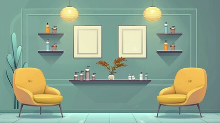 Minimalist Spa Interior with Yellow Armchairs and Empty Frames