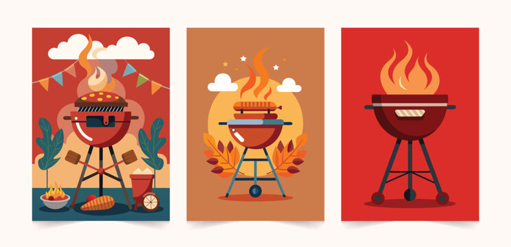 BBQ party time illustration set. Charcoal Grill with Fire Flame Barbecue party. Ideal design for social media, cover, banner, flyer.