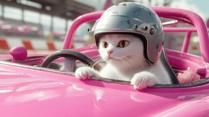 Fototapeta premium Playful cat driving a pink race car with helmet on a speed track setting, capturing sport theme