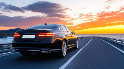 Car Driving Along Coastal Road at Sunset