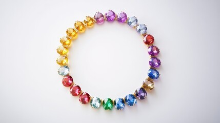 A captivating circle of colorful gemstones arranged in a perfect trail on a minimalist white background, showcasing brilliance and elegance