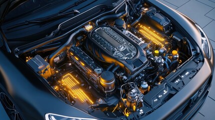 Modern Engine with LED Lights in Luxury Car