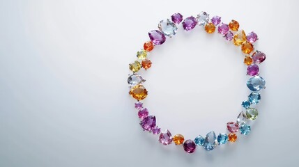 A captivating circle of colorful gemstones arranged in a perfect trail on a minimalist white background, showcasing brilliance and elegance