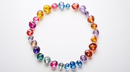 Obraz premium A circle trail of multicolored gemstones arranged in a radiant pattern on a white backdrop, symbolizing beauty, wealth, and sophistication