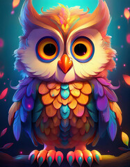 Fototapeta premium Vibrant cartoon illustration of an owl in the colorful shiny background cartoon style.